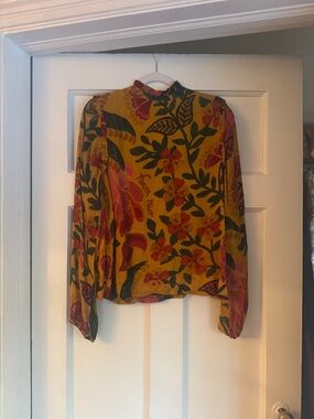 FARM Rio Mustard Floral Mock-Neck Blouse with Pink & Green Accents